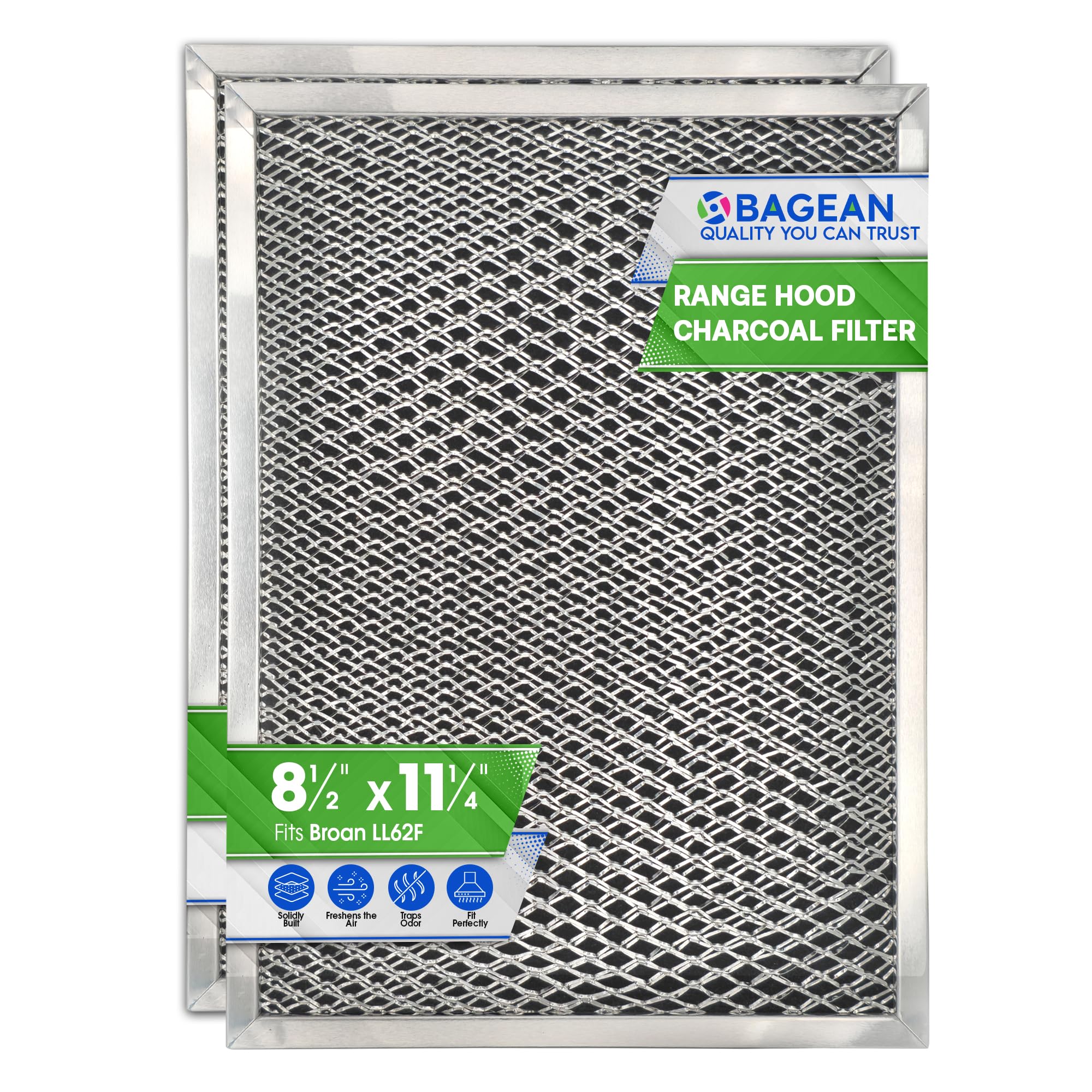 Bagean Stove Hood Vent Filter 8.50" x 11.25" LL62F Charcoal Grease Combo - Fits Ductless Broan Range Hood Filter Replacement - Metal Screen Filters Grease and Carbon Freshen Kitchen Stove Air (2-Pk)
