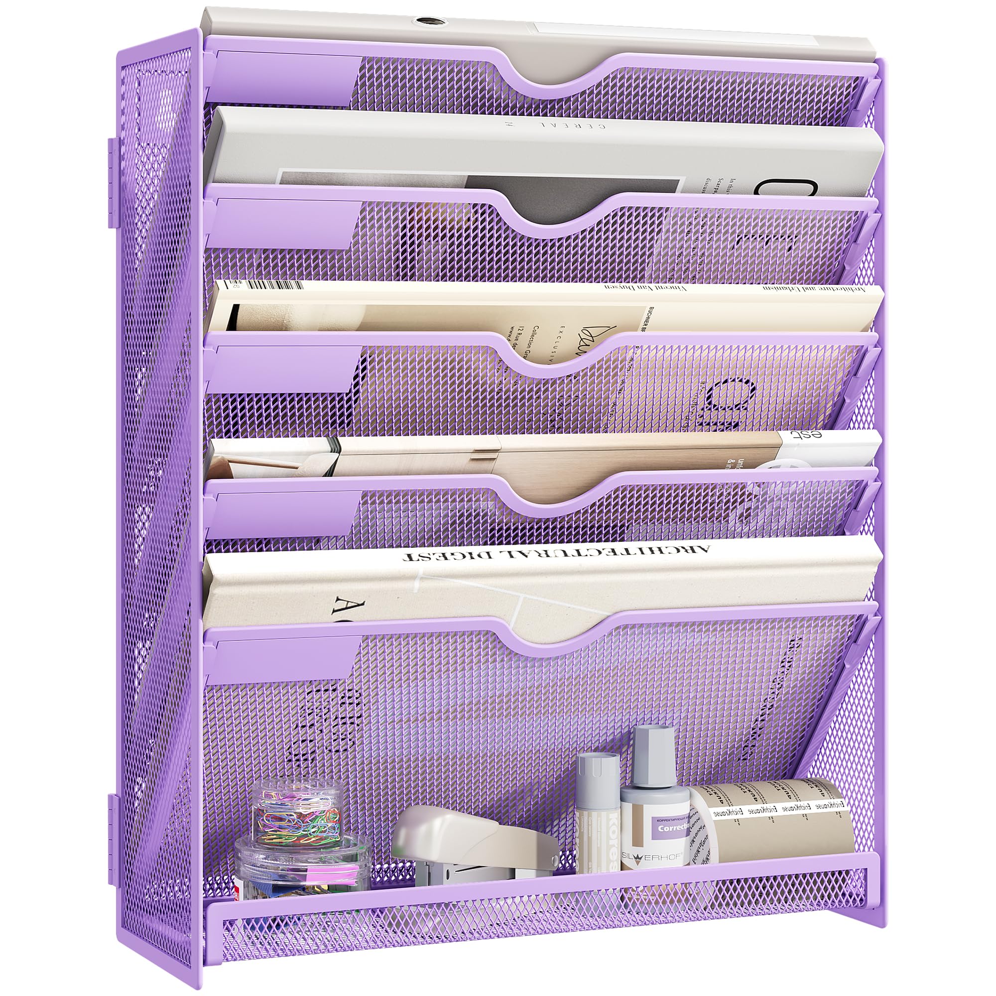 SUBEKYU File Organiser, 6-Tier A4 Wall Mounted Magazine File Holder for Mails Folders Papers, Vertical Document Organiser for Office Home - Purple