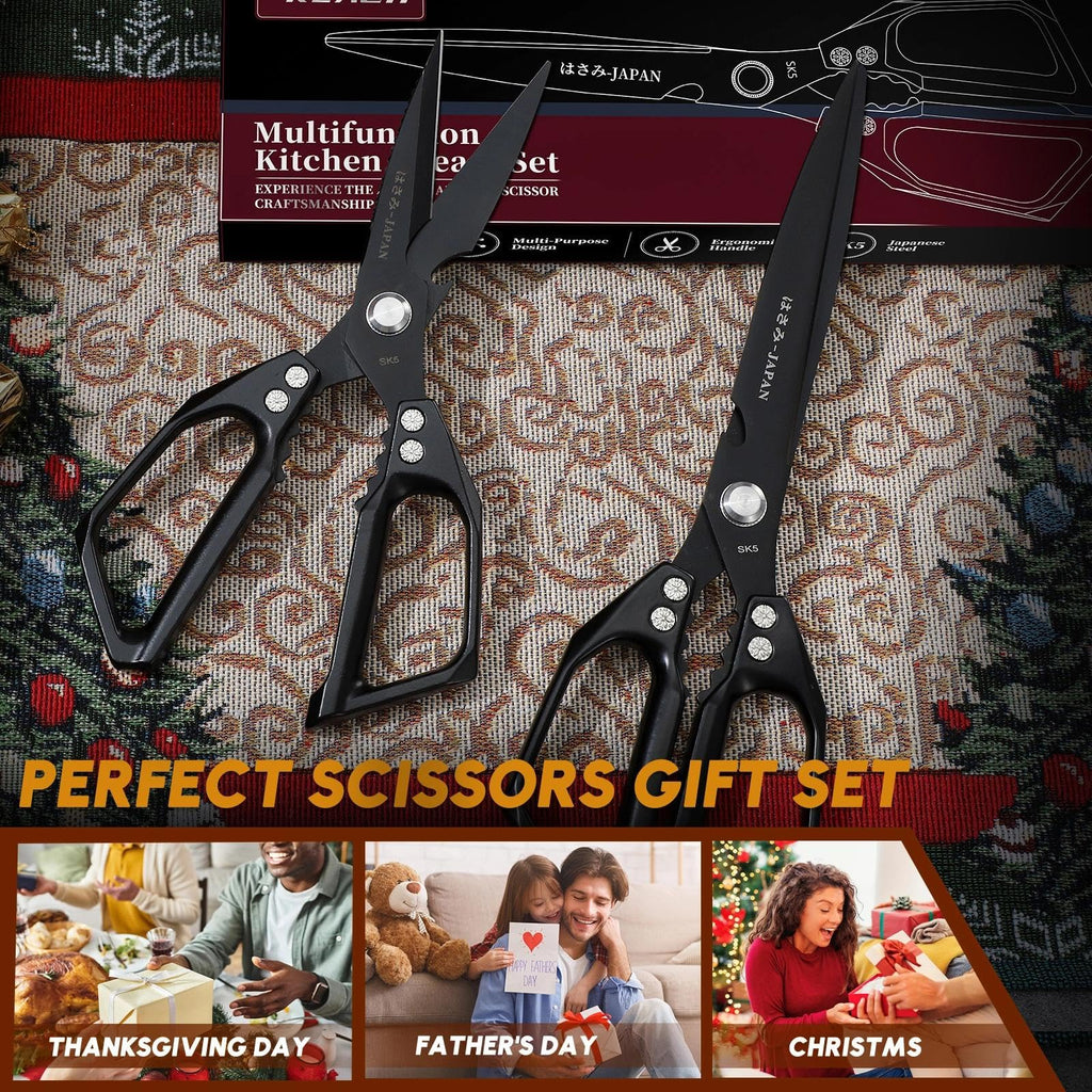 Dream Reach Kitchen Scissors Set Black - Upgraded Stainless Steel Kitchen Shear, Sharp Meat Scissors, Heavy Duty Poultry Shears, Japanese Cooking Scissor for Food, Chicken Bones, and Turkey,