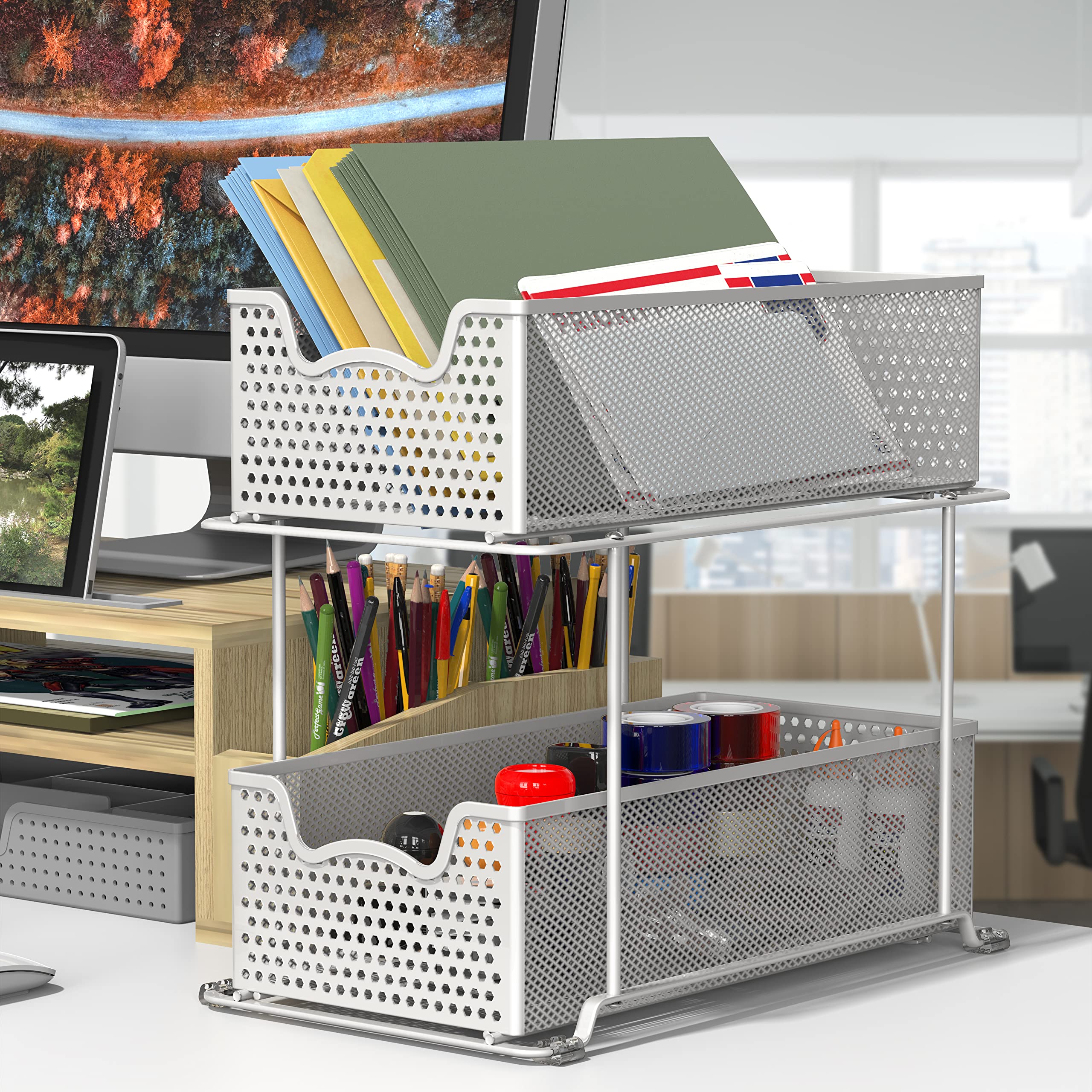 SimpleHouseware 2 Tier Sliding Cabinet Basket Organizer Drawer, White
