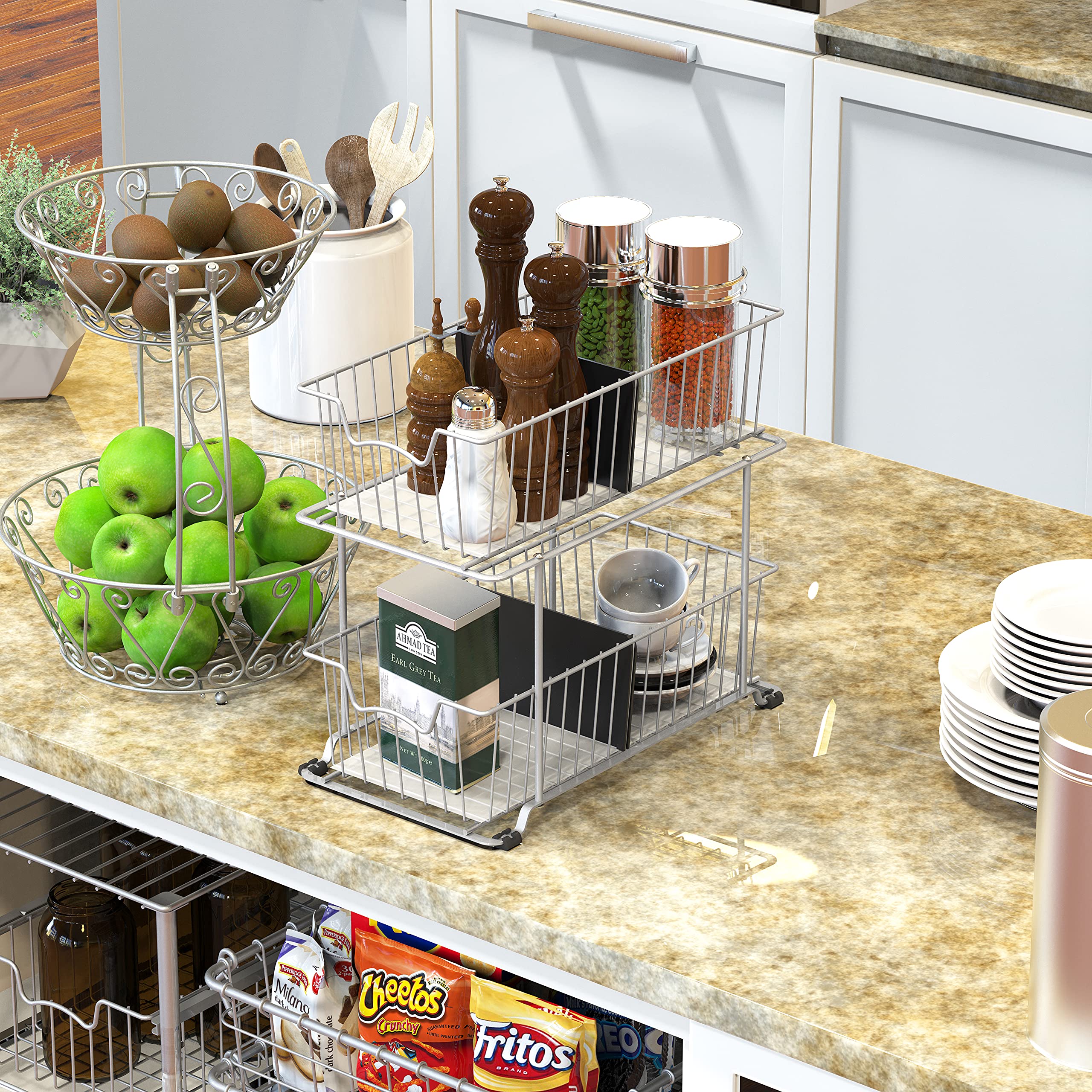 Simple Houseware 2 Tier Pull Out Cabinet Wire Basket Drawer Organizer for Under Sink, Kitchen, and Bathroom, Silver