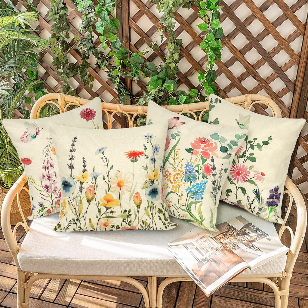 Betylifoy Throw Pillow Covers 18x18 Set of 4 Spring Floral Cushion Covers Outdoor Farmhouse Wildflower Butterfly Decorative Pillowcases Linen Cushion Case for Home Bedroom Sofa Patio