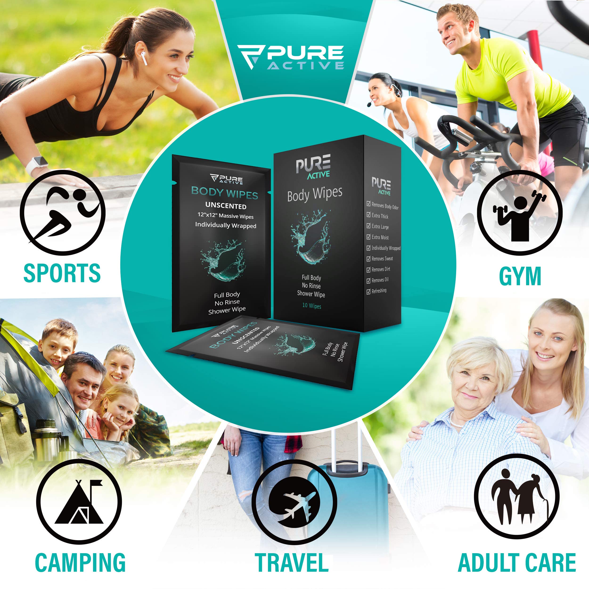 Shower Body Wipes 30X30 cm, 40 Individually Wrapped Personal Hygiene Body Wipes for Women and Men, Keep Clean After Gym Travel Camping Outdoors Sports, Unscented