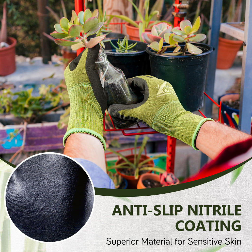 COOLJOB 2 Pairs Bamboo Gardening Work Gloves for Women and Men, Breathable Rubber Coated with Touch Screen, Non Slip Grip for Workers, Gardeners, Drivers, Green, Small