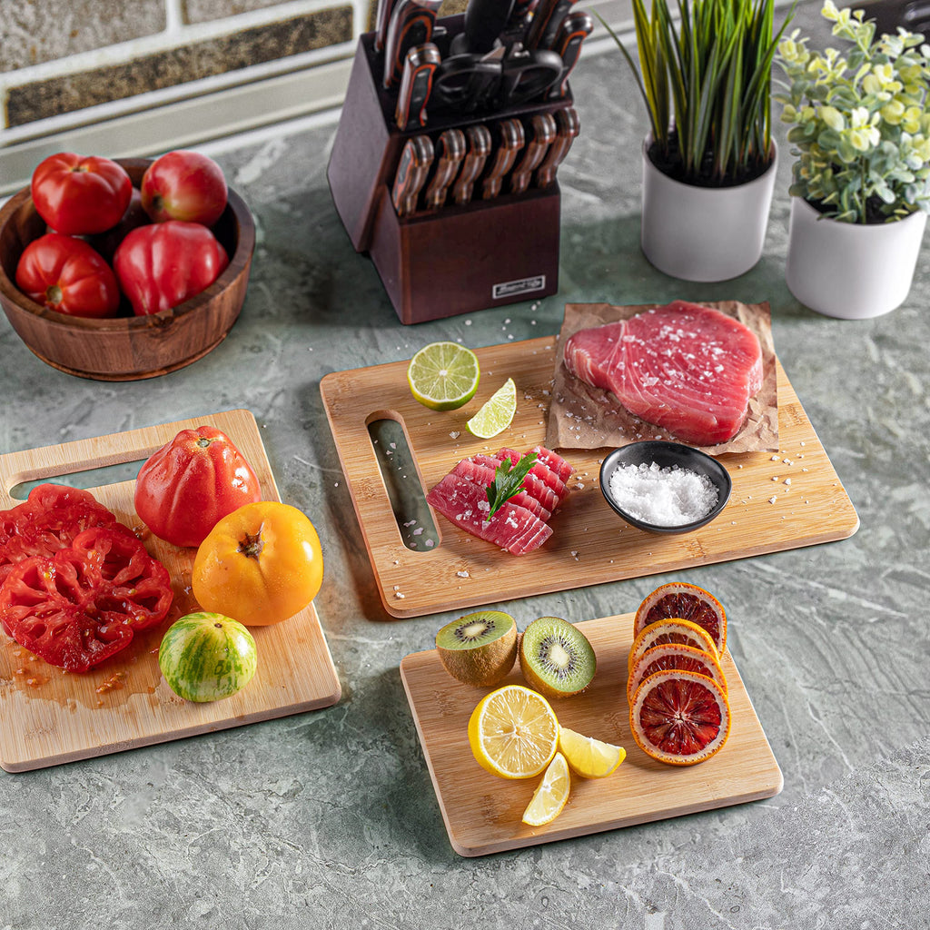 Cutting Board Set - 3 Piece Bamboo Cutting Boards, Wooden Cutting Board for Kitchen, Non Toxic Chopping Board for Food Prep, Serving, Meal Prep, Carving Meat, Fruits, Vegetables, Bread, Cheese, Snacks