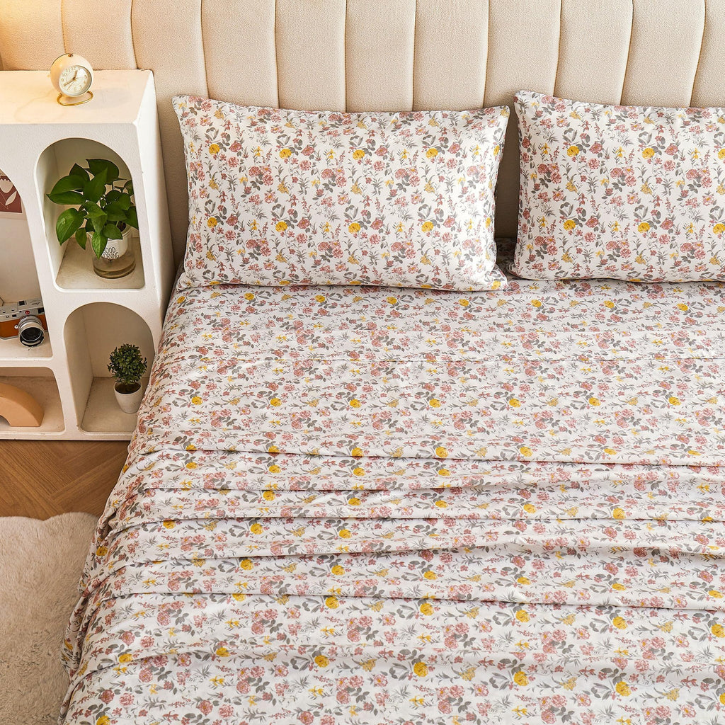 Viviland Floral King Sheet Set - 4 Piece Vintage Pink & Yellow Flower Patterned Bed Sheets - Soft, Breathable Microfiber Sheets with Deep Pocket, Non-Slip Fitted Sheets & Pillowcases