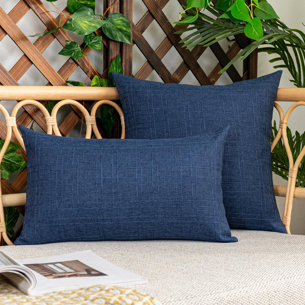 Kevin Textile Outdoor Waterproof Throw Pillow Covers Decorative Farmhouse Water Resistant Checkered Cushion Covers for Tent Patio Garden Couch Sofa Pack of 2, 12x20 Navy Blue