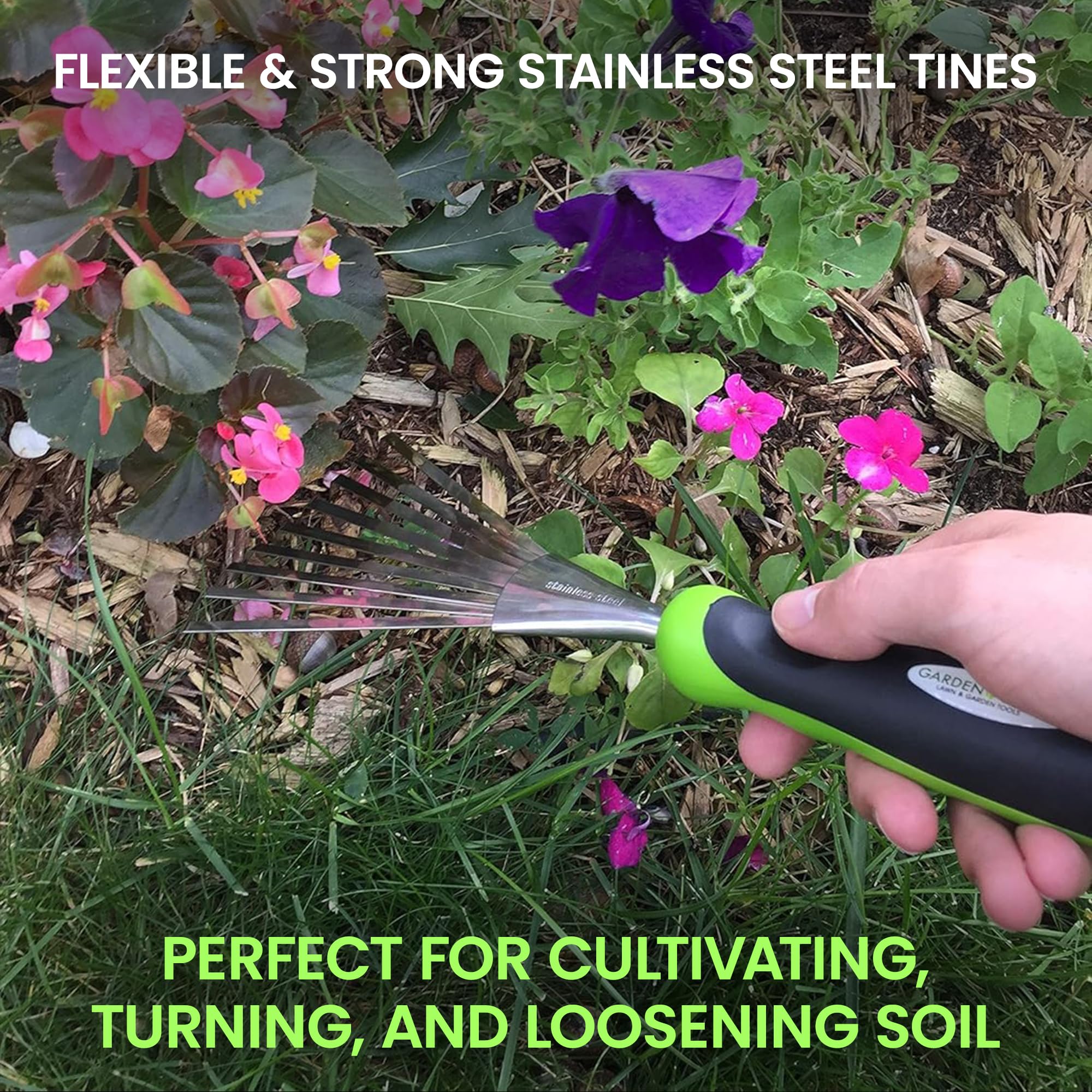 Garden GURU Stainless Steel Hand Rake Soil Tiller with Ergonomic Handle, Great for Gardening, Cultivating, Loosening Soil & Spreading Mulch