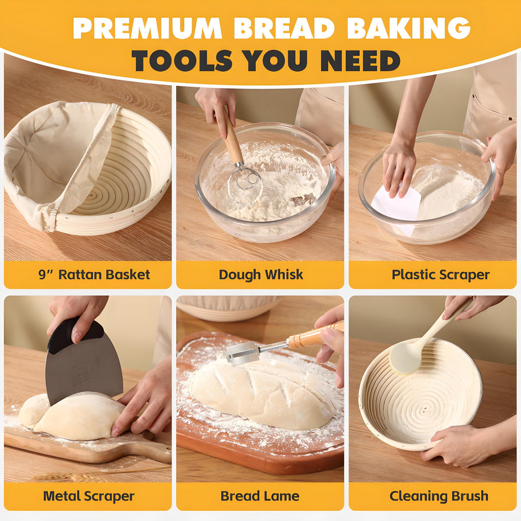 KOACKL Sourdough Bread Starter Kit, 9 Inch Round Sourdough Bread Making Tools Kit Banneton Proofing Basket with Cloth Liners, Sour Dough Baskets Bread Basket for Making Baking