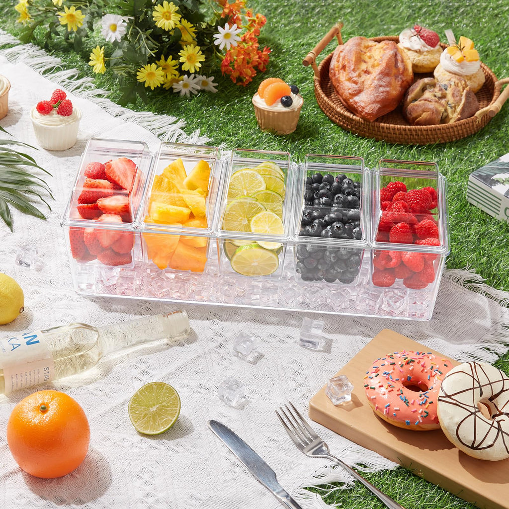 Lifewit Ice Chilled Condiment Caddy with 5 Containers(2.5 Cup), Condiment Server with Separate Lids, Serving Tray Platter with Removable Dishes for Bar Accessories, Fruit, Salad, Taco, Party Garnish