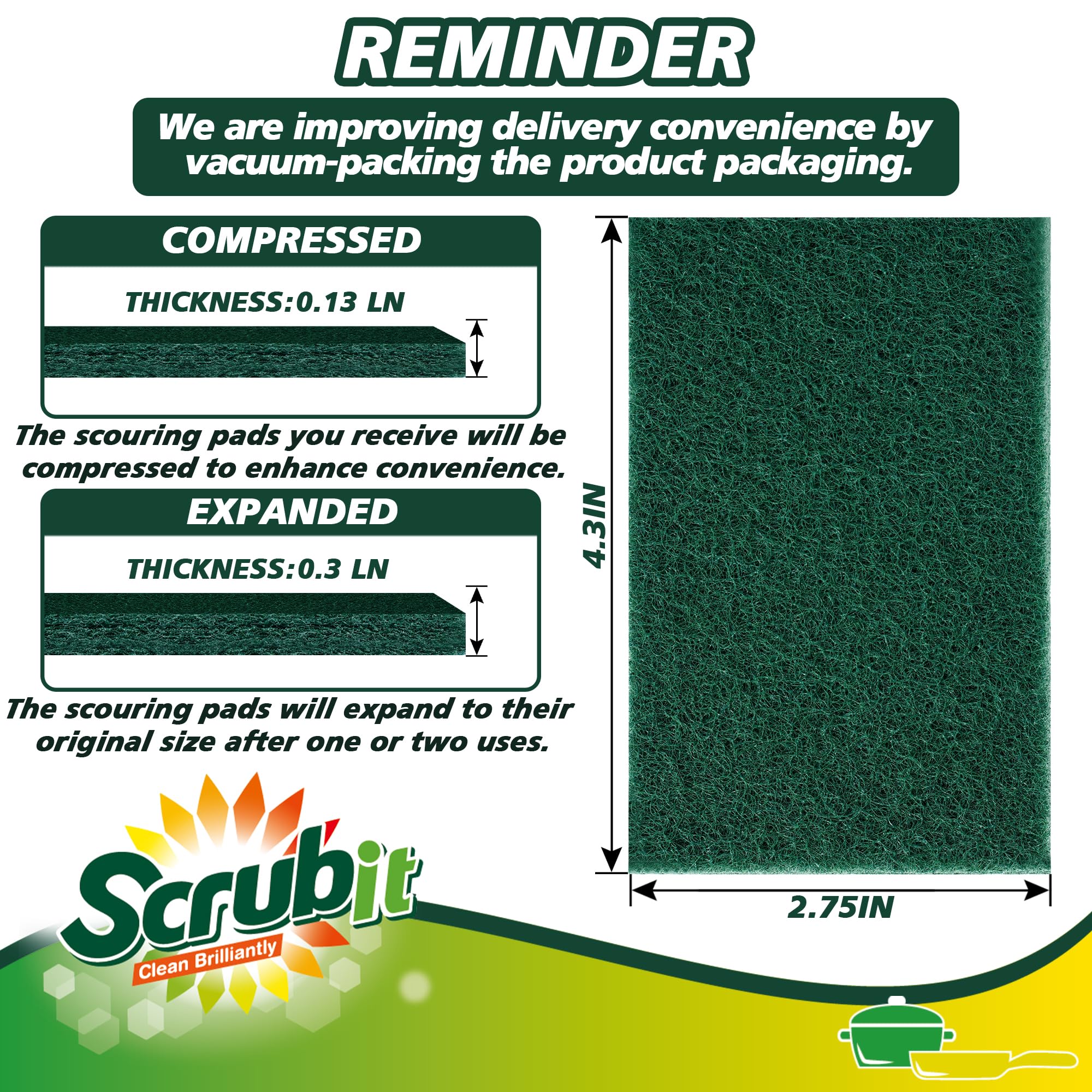 SCRUBIT Scouring Pads - Heavy Duty Scrub Pads for Cleaning Dishes - Non-Scratch - Reusable - Green (50)