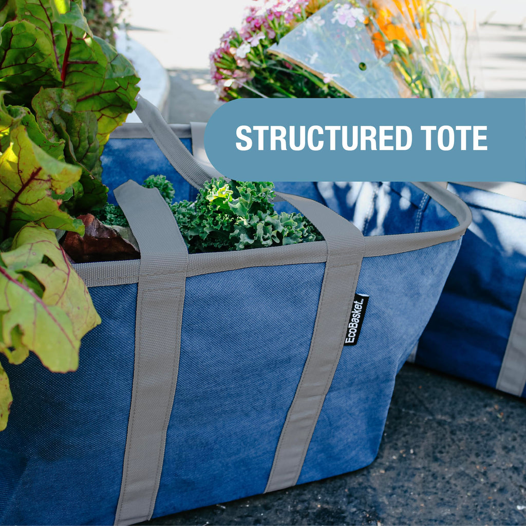 CleverMade EcoBasket Reusable Grocery Tote - 30L - Pack of 1 - Blue Gray - Collapsible Storage Shopping Organizer - Heavy Duty Utility Bag Home