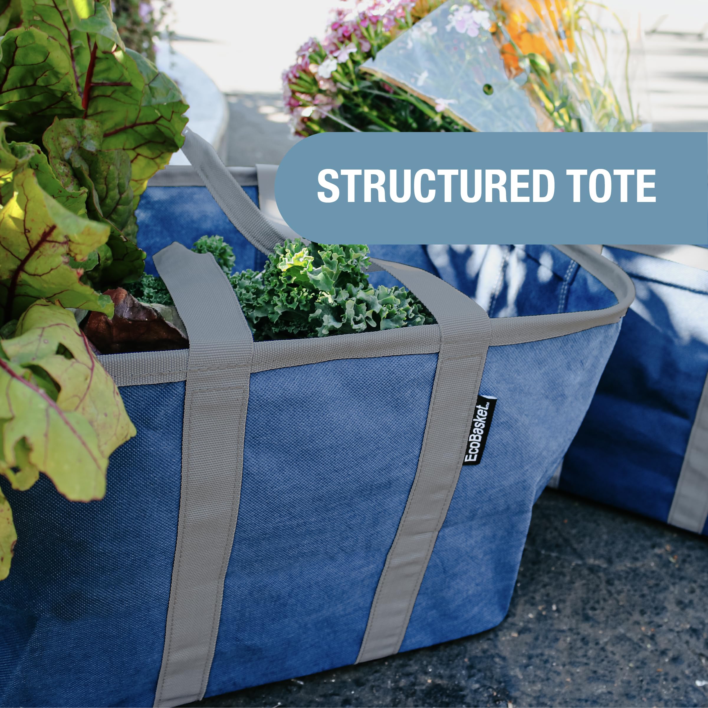 CleverMade EcoBasket Reusable Grocery Tote - 30L - Pack of 1 - Blue Gray - Collapsible Storage Shopping Organizer - Heavy Duty Utility Bag Home