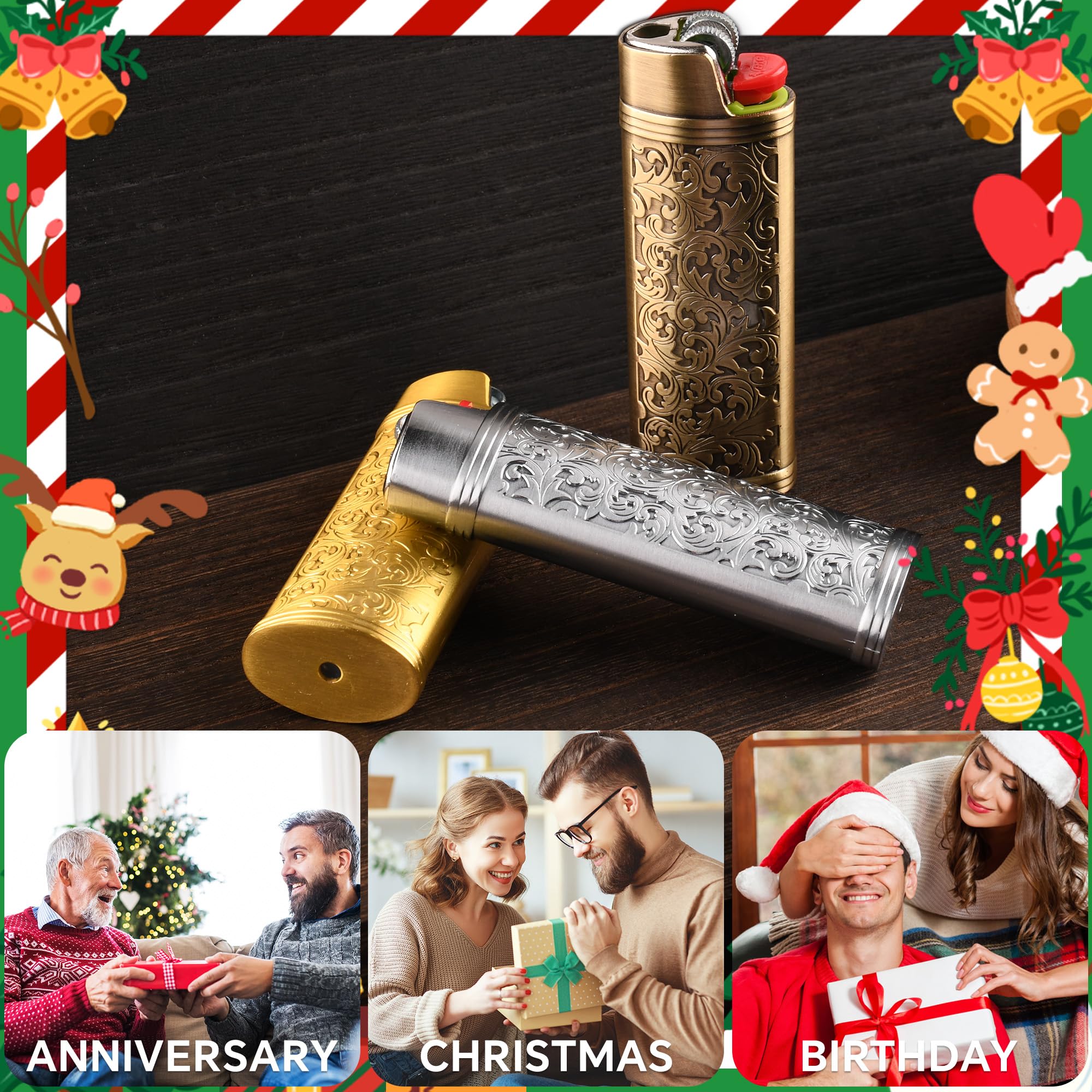 JINMUNIC 2pcs Lighter Case Cover Holder Metal Vintage Floral Stamped Fit for BIC Full J6 Series Lighter