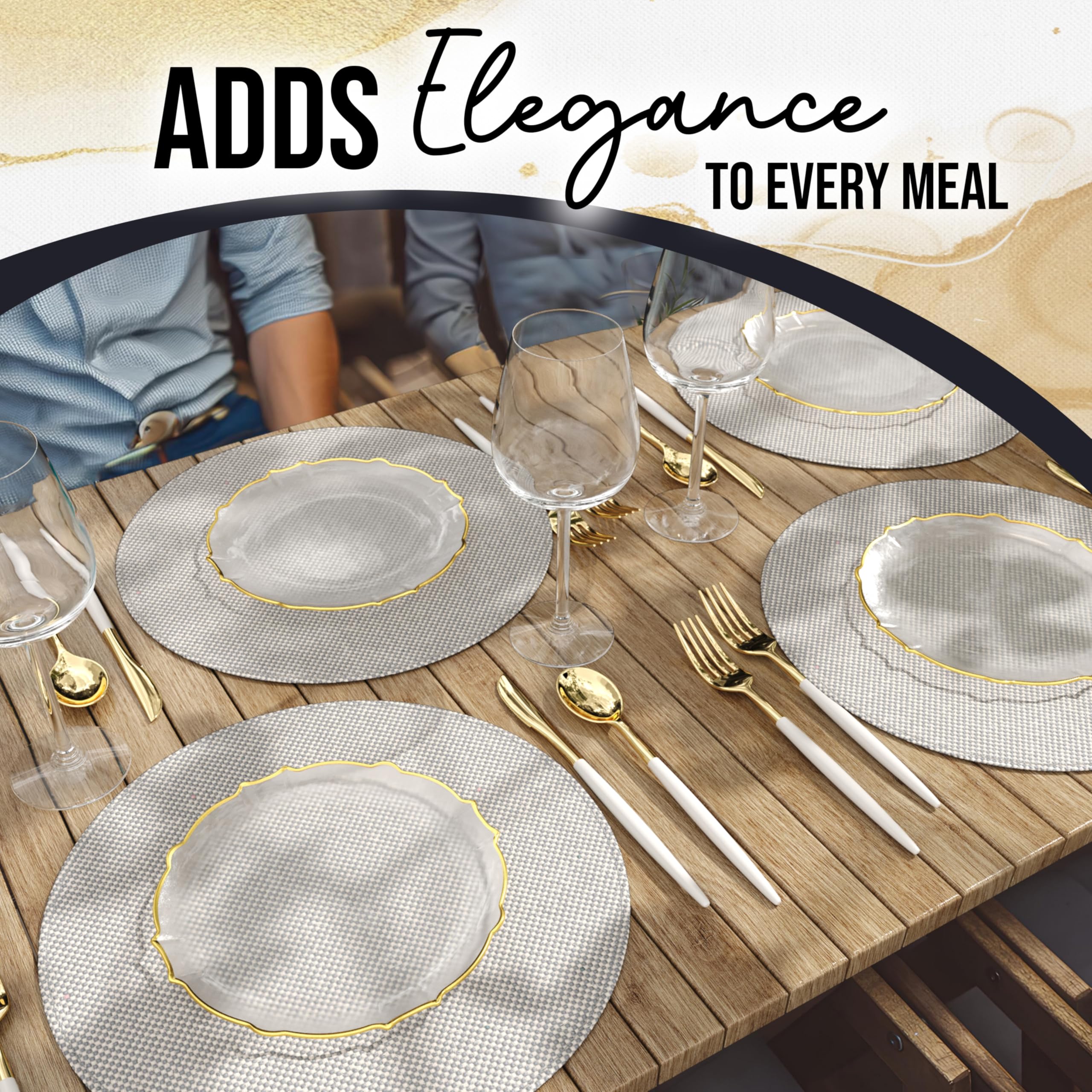 Exquisite Elegant 40 pcs Dinner Plates - 7.5 inch Gold Rimmed Plastic Dessert Plates - Fancy, Clear, Disposable for Parties