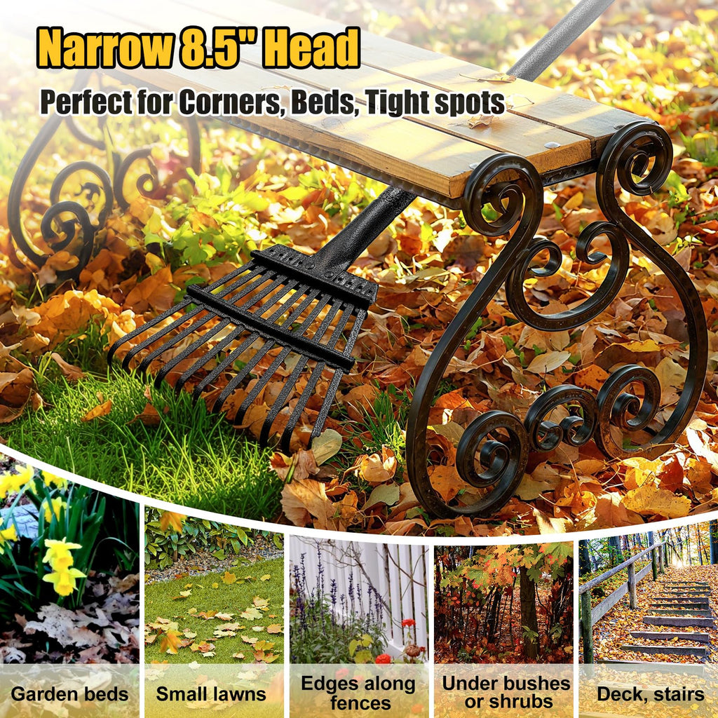 Garden Leaves Rake - 73 Inch Heavy Duty Small Shrub Rake - 11 Metal Tines - 8.5 inch Wide, Adjustable Handle,Garden Leaf Rakes for Collecting Debris Among Flower Beds, Delicate Plants, Lawns ,Yard