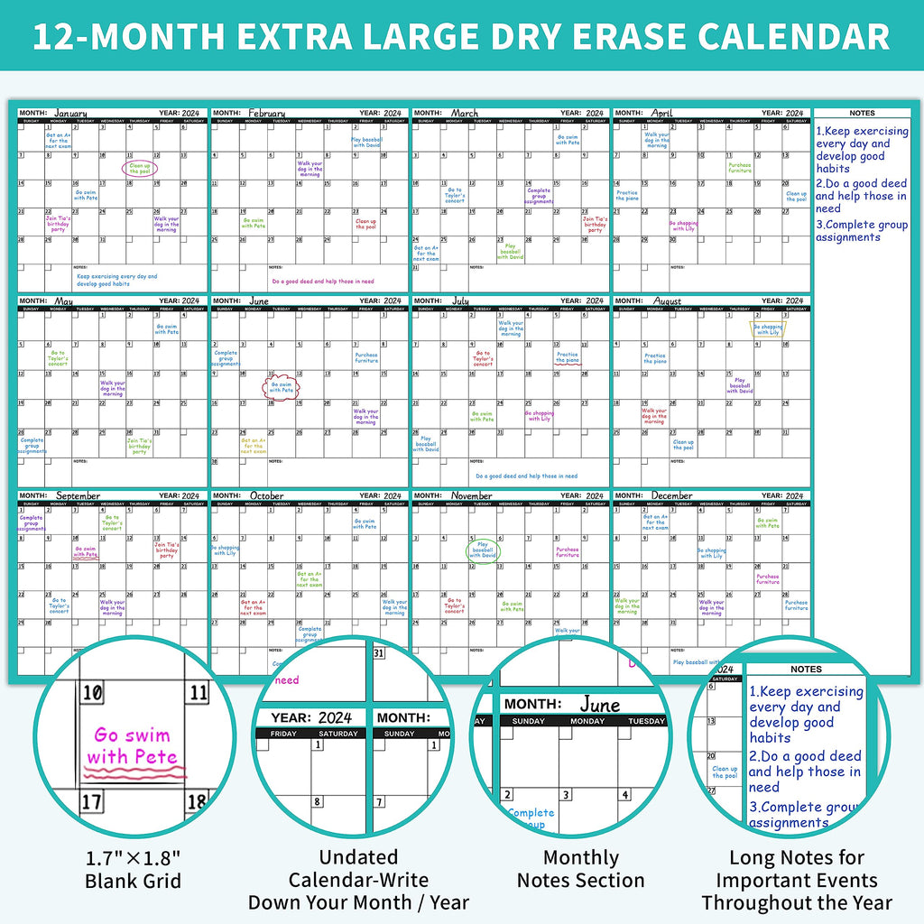 Large Dry Erase Calendar for Wall - Undated 12 Month Wall Calendar, 37”×58", Yearly Wall Calendar Dry Erase, Erasable & Reusable Calendar with 15 Round Stickers, Green Large Wall Calendar Dry Erase