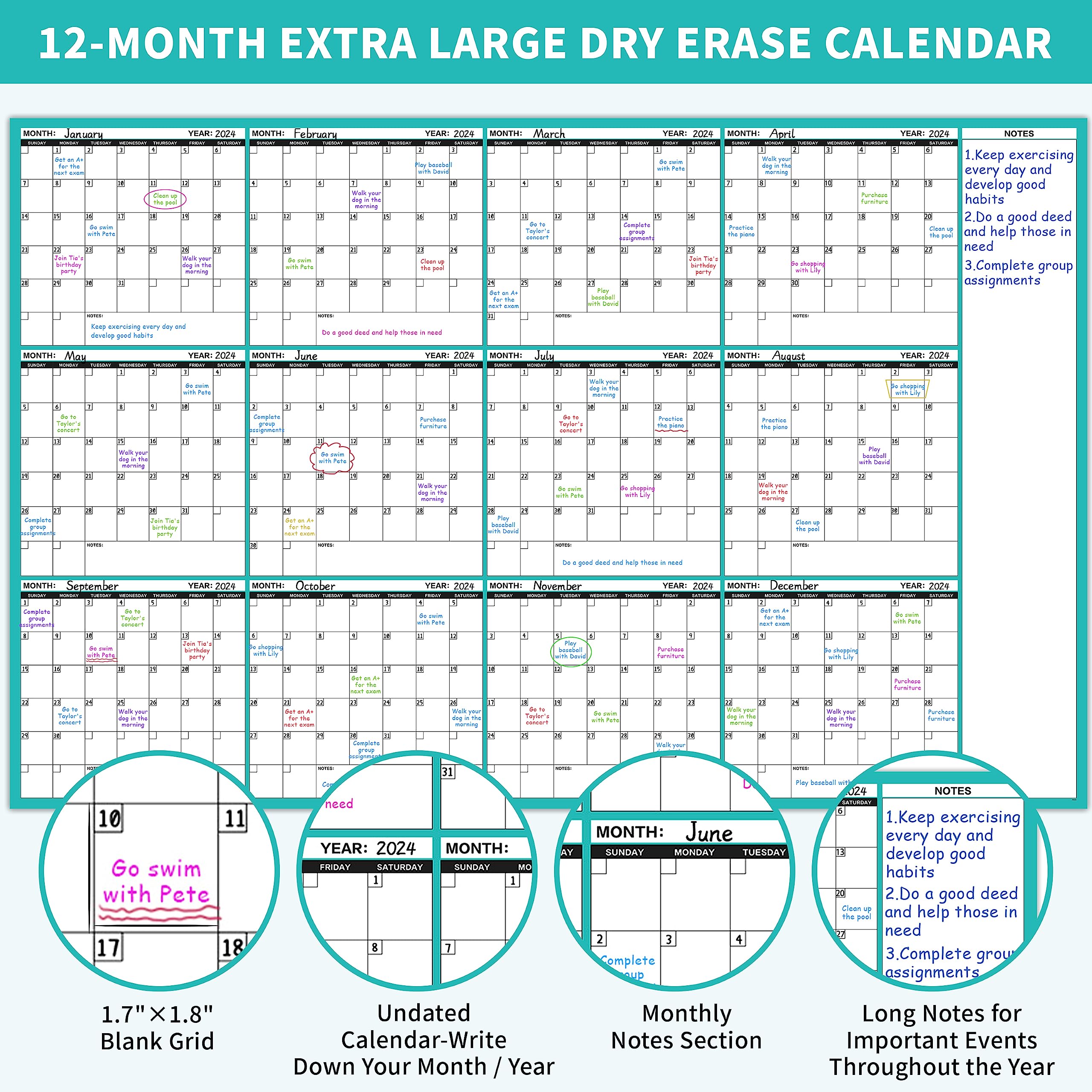 Large Dry Erase Calendar for Wall - Undated 12 Month Wall Calendar, 37”×58", Yearly Wall Calendar Dry Erase, Erasable & Reusable Calendar with 15 Round Stickers, Green Large Wall Calendar Dry Erase