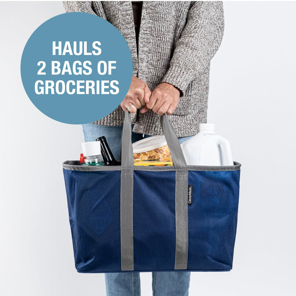 CleverMade EcoBasket Reusable Grocery Tote - 30L - Pack of 1 - Blue Gray - Collapsible Storage Shopping Organizer - Heavy Duty Utility Bag Home