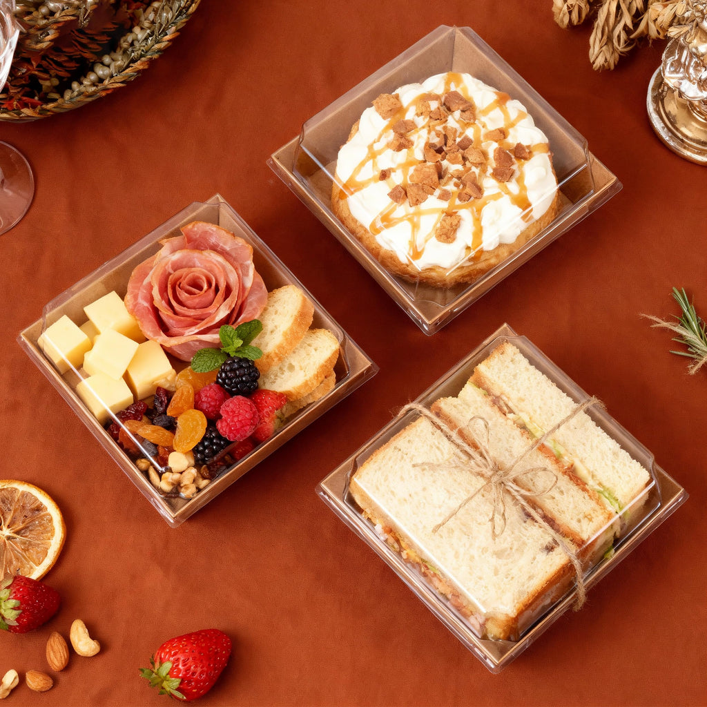 Charcuterie Boxes with Clear Lids Mini Bakery Boxes Disposable Treat Boxes to Go Small Food Containers for Dessert Cookie Sandwich Cake 5.3x4.9x2.5INCH(50 Pack, Brown)
