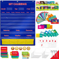 Calendar and Weather Pocket Chart with 148 Cards,(108 Illustrated Activity Cards, 40 Dry Erasable Flash Cards and 3 Hooks 28” X 35.5”)