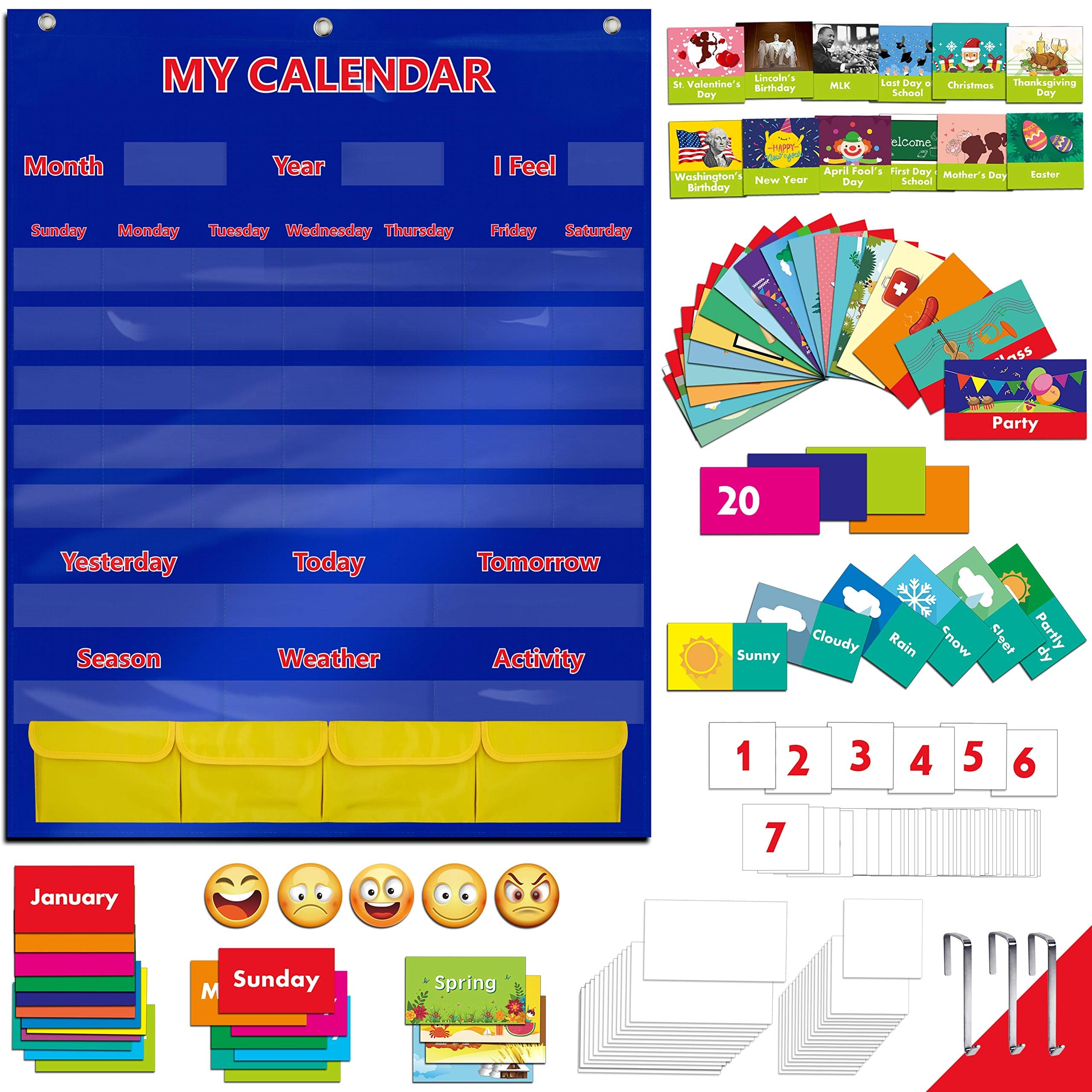 Calendar and Weather Pocket Chart with 148 Cards,(108 Illustrated Activity Cards, 40 Dry Erasable Flash Cards and 3 Hooks 28” X 35.5”)