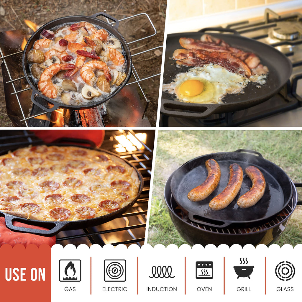Chef Pomodoro Cast Iron Pizza Pan, Inch Pre-Seasoned Skillet, with Handles, Baking Pan, Round Griddle for Dosa Tawa Roti, Comal for Tortillas, Baking Stove, Oven, Grill BBQ and Campfire (12-inch)
