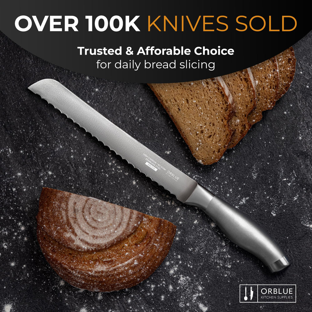 Orblue Serrated Bread Knife with Upgraded Stainless Steel Razor Sharp Wavy Edge Width - Bread Cutter Ideal for Slicing Homemade Bread, Bagels, Cake (8-Inch Blade with 5-Inch Handle)