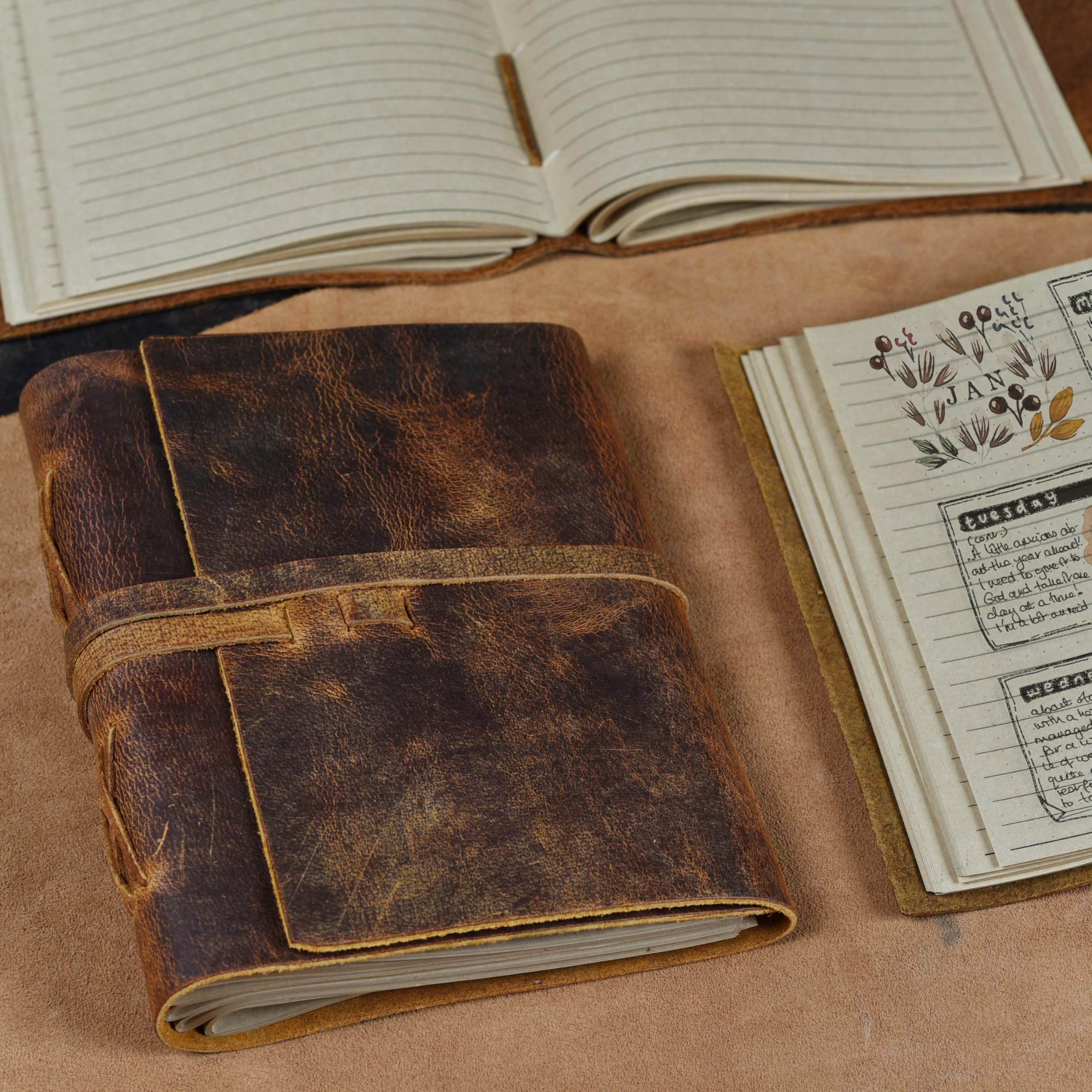 Leather Village Genuine Leather Bound Journal Writing Notebook for Men Women - Daily Writing Notepad Lined Paper 300 Kraft Pages, Handmade, Rustic Brown, 8 X 6 in (A5)