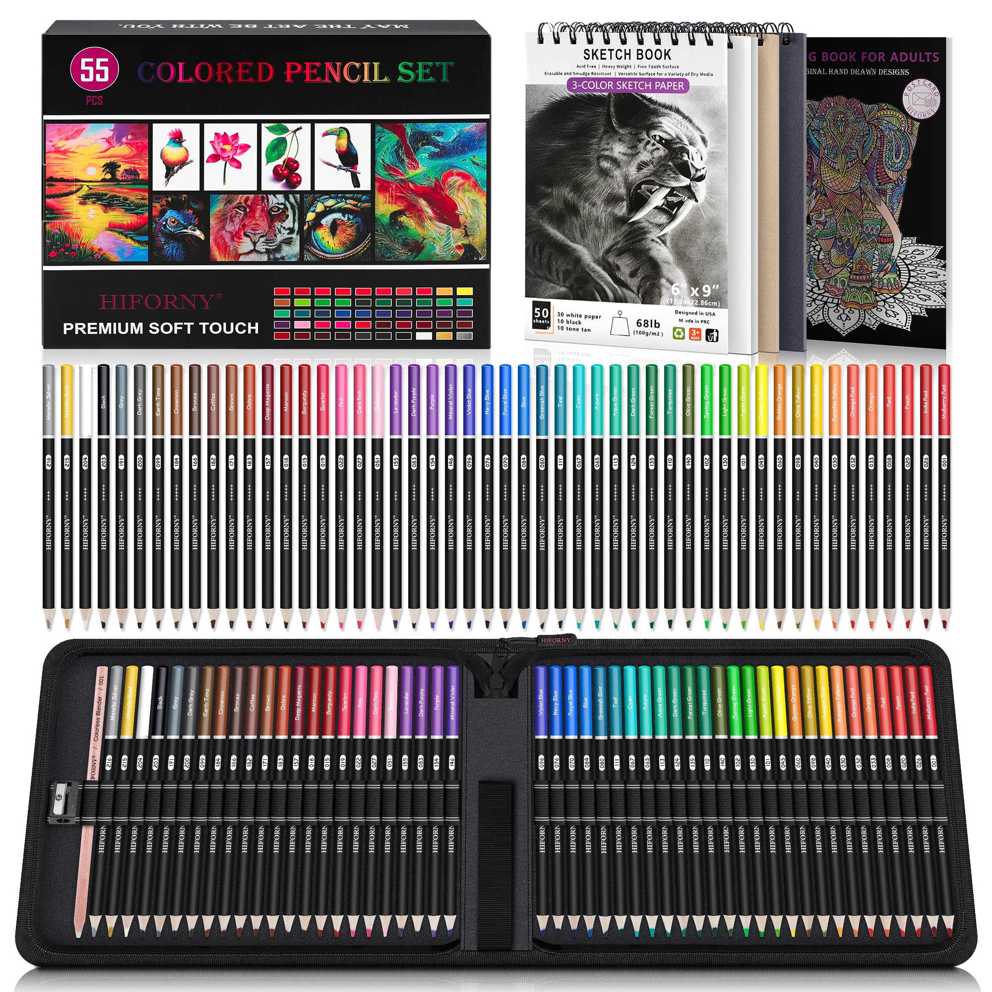 HIFORNY 55PCS Pencil Crayons for Adult Coloring – 50 Soft Core Colored Pencils with Sketchbook, Coloring Book, Blender, Sharpener & Color Chart – in Gift Box & Zipper Case