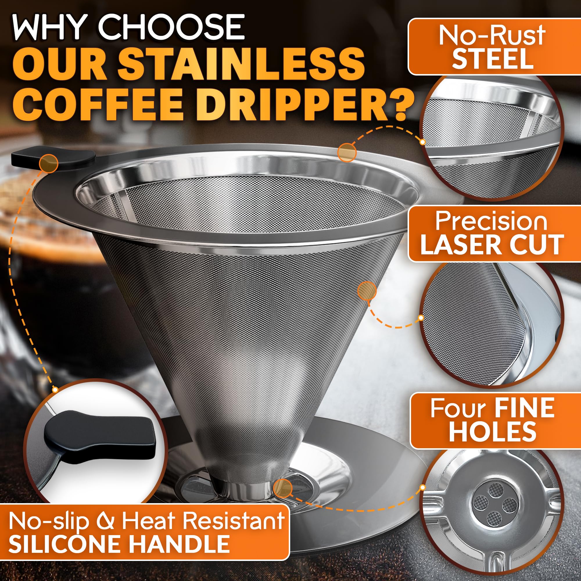 Pour Over Coffee Dripper - 3.18x4.48 Stainless Steel Pour Over Coffee Maker with Large Plastic Handle, Wide Secure Base and a Brush for Cleaning - Ensures Well-Balanced and Reach Tea Infuser