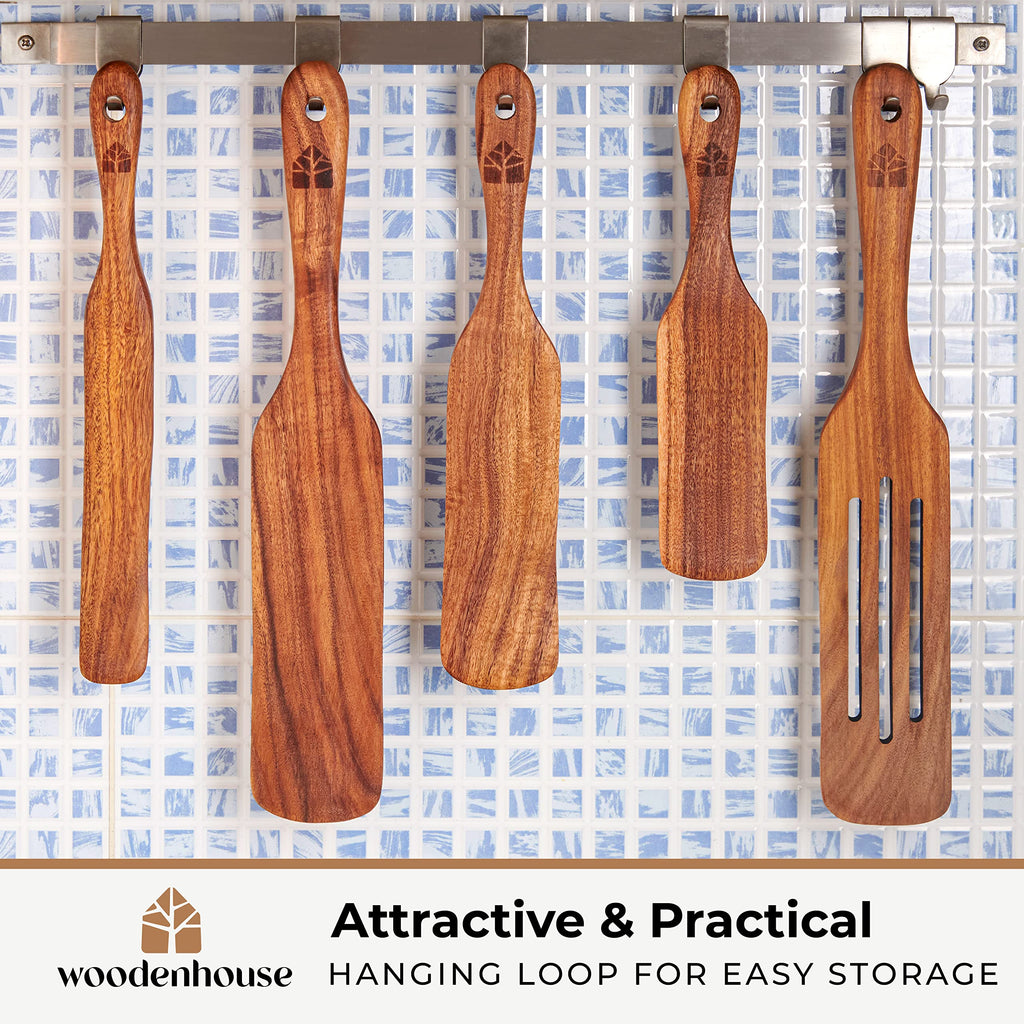 Wooden Spurtle Set, Teak Spurtles Kitchen Tools, Wooden Spatula for Cooking, Wood Utensils Set of 5, Non Stick Cookware for Serving, Stirring, Mixing, Scraping, Scooping, Healthy and Heat Resistant