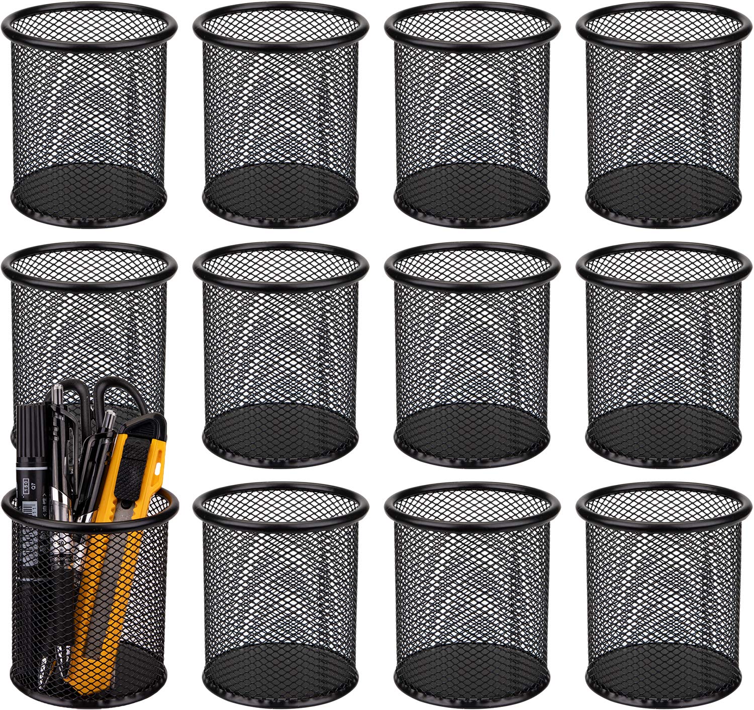 Nicunom 12 Pack Metal Pen Holder Mesh Pencil Holder Desk Organizer Mesh Round Pen Cup Pencil Cup for Desk Office Pen Organizer, Black