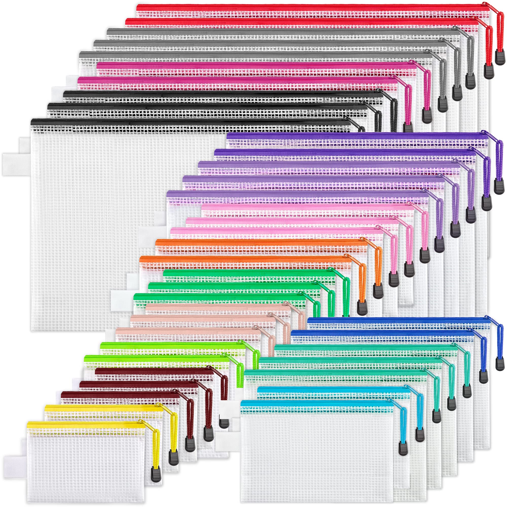JARLINK 40pcs Mesh Zipper Pouch, 8 Sizes Waterproof Zipper Bags for Board Games Storage, 16 Colors Organization Pouches for School Supplies, Office Appliances, Cosmetics, and Travel