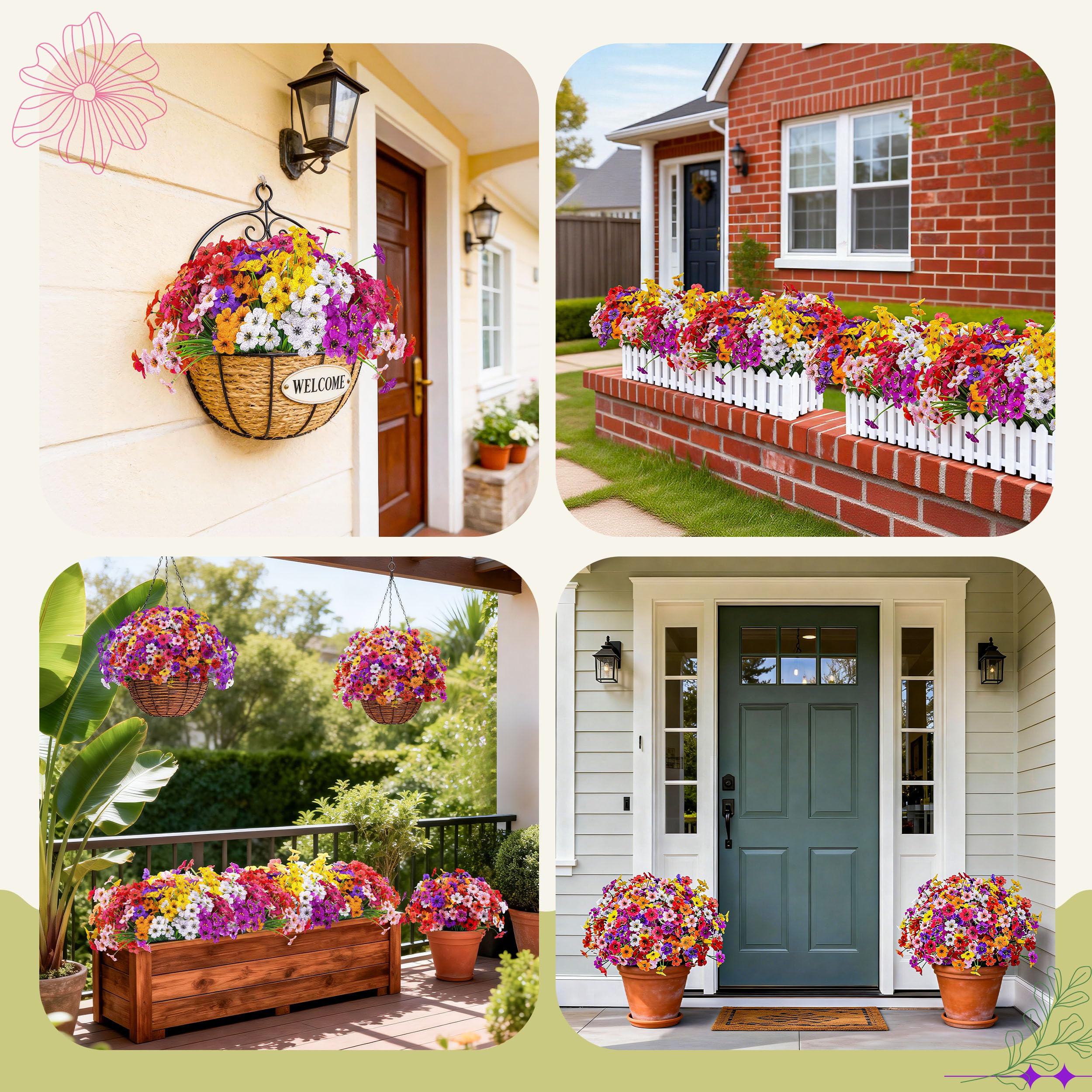 Der Rose 24 Bundles Artificial Flowers for Outdoors, UV Resistant Fake Flowers for Home Garden Patio Porch Decor (8 Colors)