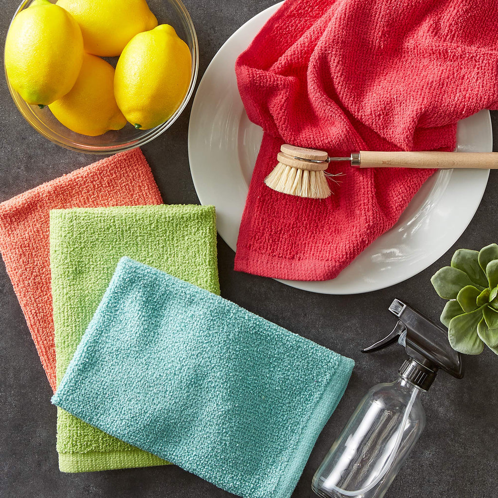 DII 100% Cotton, Machine Washable, Ultra Absorbent, Everyday Kitchen Basic, Utility, Bar Mop Dishtowel 16 x 19 Set of 4- Brights
