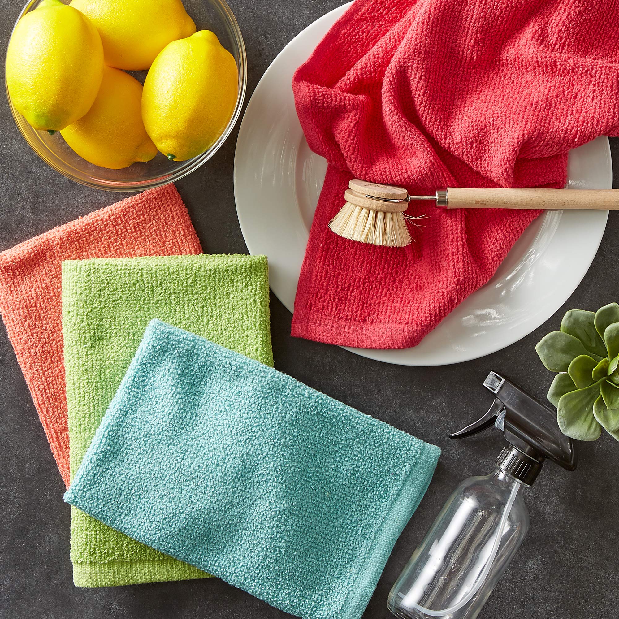 DII 100% Cotton, Machine Washable, Ultra Absorbent, Everyday Kitchen Basic, Utility, Bar Mop Dishtowel 16 x 19 Set of 4- Brights