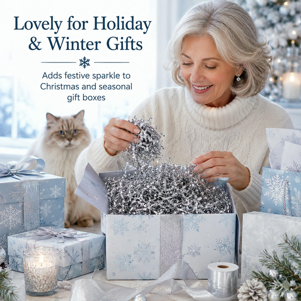 1LB (455g) Double Sided Silver Shredded Tissue Paper for Packing Gift Boxes - Premium Crinkle Cut Baskets Filler Shredded Paper, Recyclable Hamper Fillers for Packaging, Crafting & Gifting