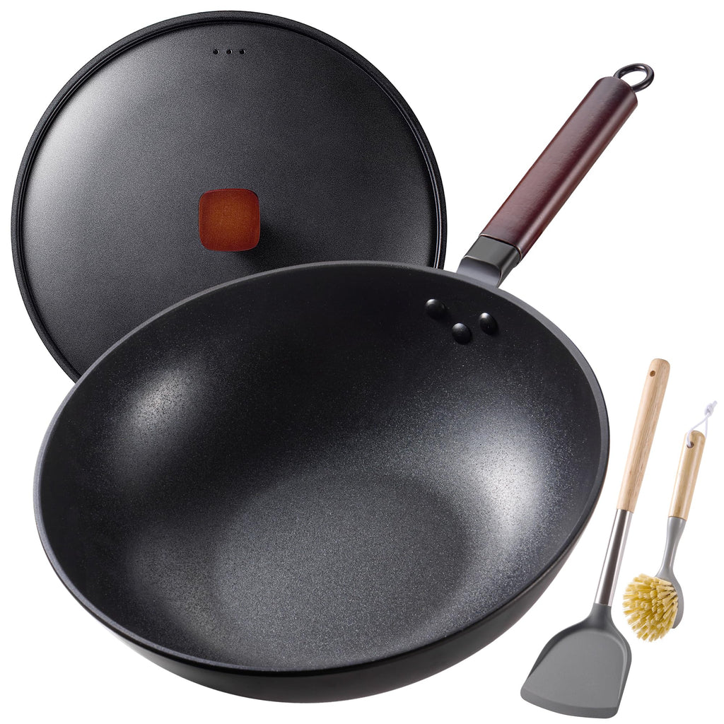 Teewe Carbon Steel Wok -13 Inch Woks & Stir-Fry Pans Nonstick, Wok Pan with Lid Spatula and Dish Brush: Pre-Seasoned Flat Bottom Chinese Wok for Induction, Electric, Gas, All Stoves