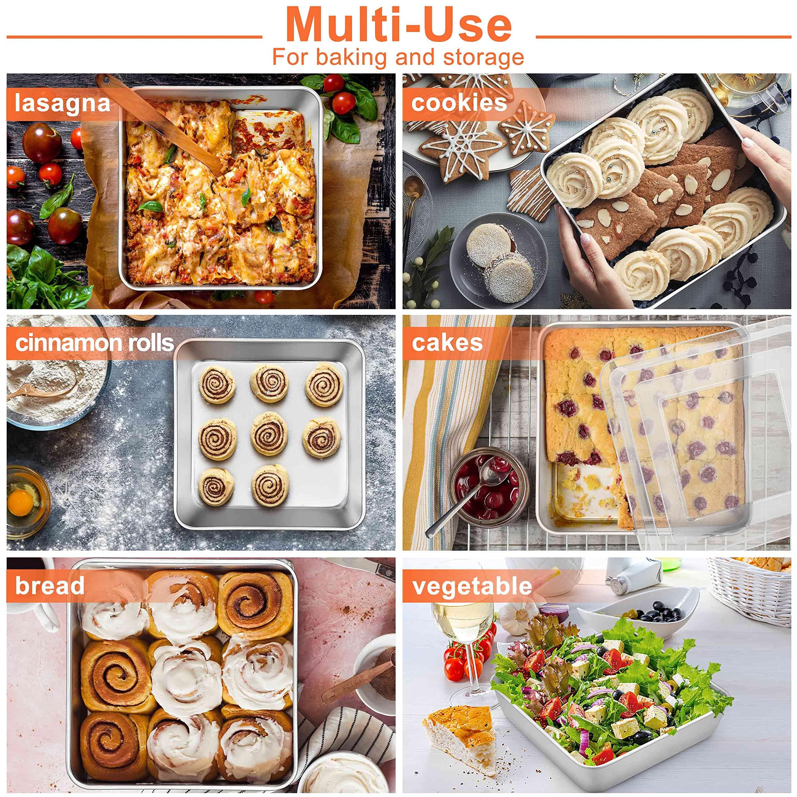 Herogo 8”x 8” Square Cake Pan, Stainless Steel Square Baking Pan with Lid, Cakes Brownie Lasagna Bakeware Set of 2, Healthy & Dishwasher Safe