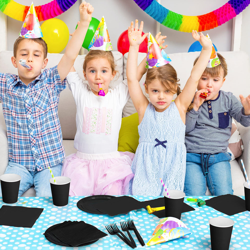 ADXCO Party Supplies - Disposable Black Party Decorations: 9 Inch Paper Plates, Cups, Napkins - Serves 24 for Birthday, Wedding, Holidays