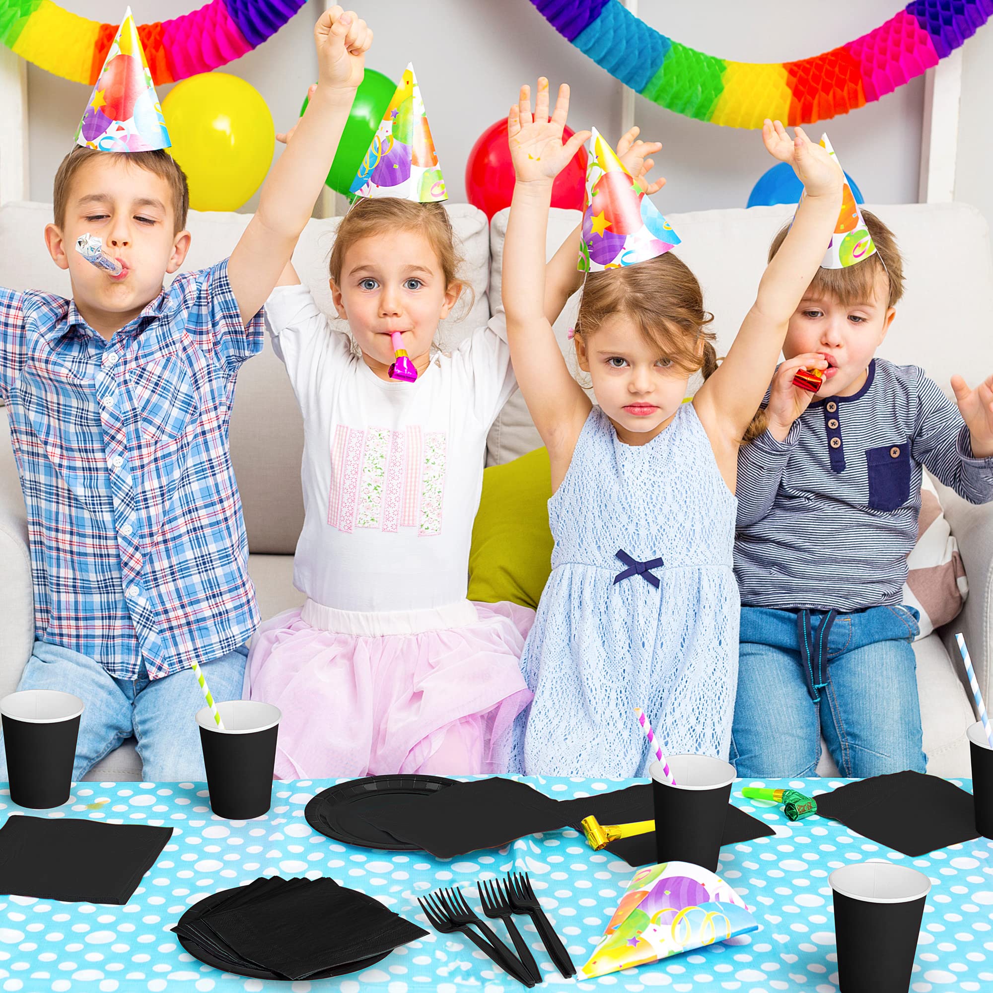 ADXCO Party Supplies - Disposable Black Party Decorations: 9 Inch Paper Plates, Cups, Napkins - Serves 24 for Birthday, Wedding, Holidays