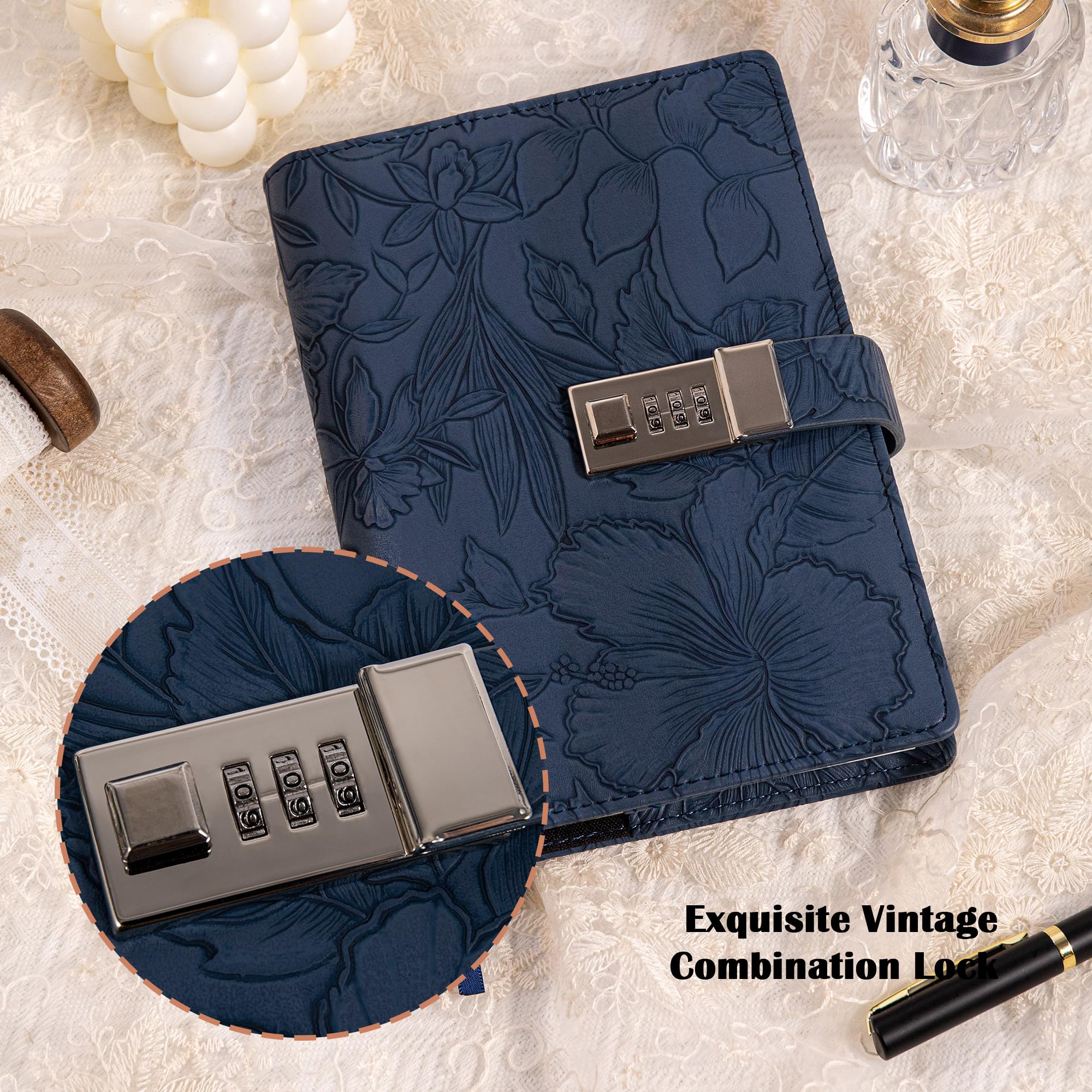 Diary with Lock for Women, 3D Embossed Journal with Lock, 224 Pages Wide lined Notebooks, PU Leather with Pen and Stickers Planner Organizer for Women & Men