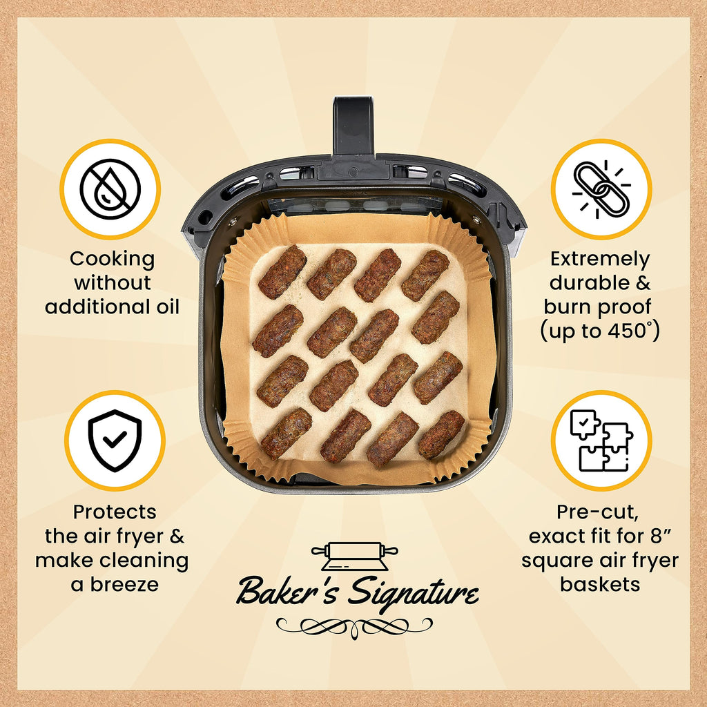 Air Fryer Liners, 125Pcs Disposable Parchment Paper Liners – Non-Stick and Oil Proof for Easy Cleanup – 8” Square for 5-8 qt Basket by Baker's Signature