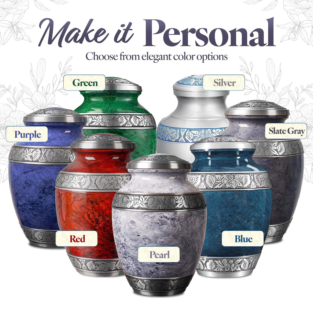 Cremation Urn for Adult Human Ashes - Large Handcrafted Funeral Memorial with Striking White (Pearl) Design (Aluminum - 10 Inch Height x 7 Inch Width)