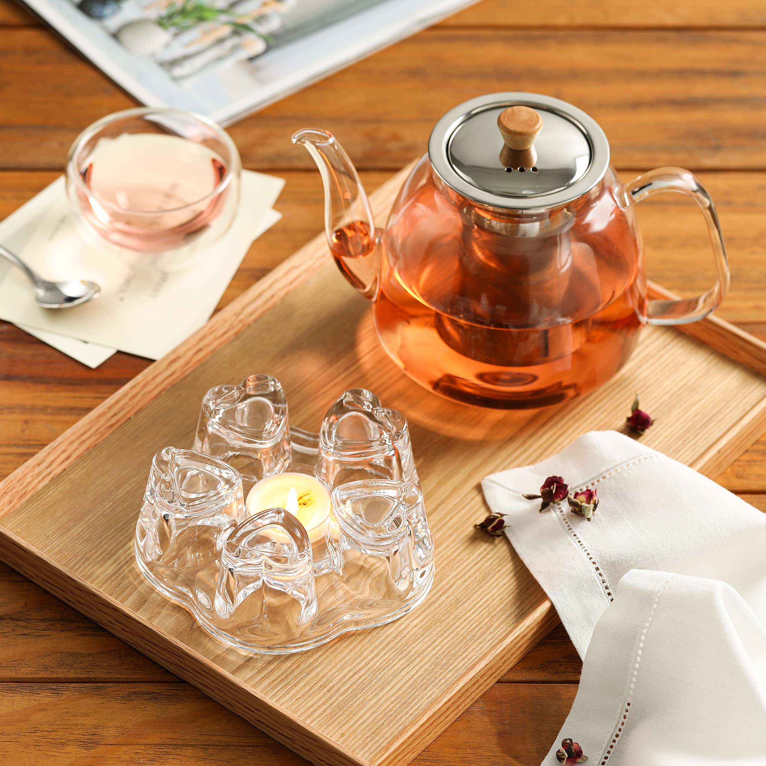 CNGLASS 1100ml Glass Teapot with Infuser,Clear Glass Tea Kettle with Removable Stainless Steel Strainer,Stovetop Safe Glass Teapot for Blooming and Loose Leaf Tea