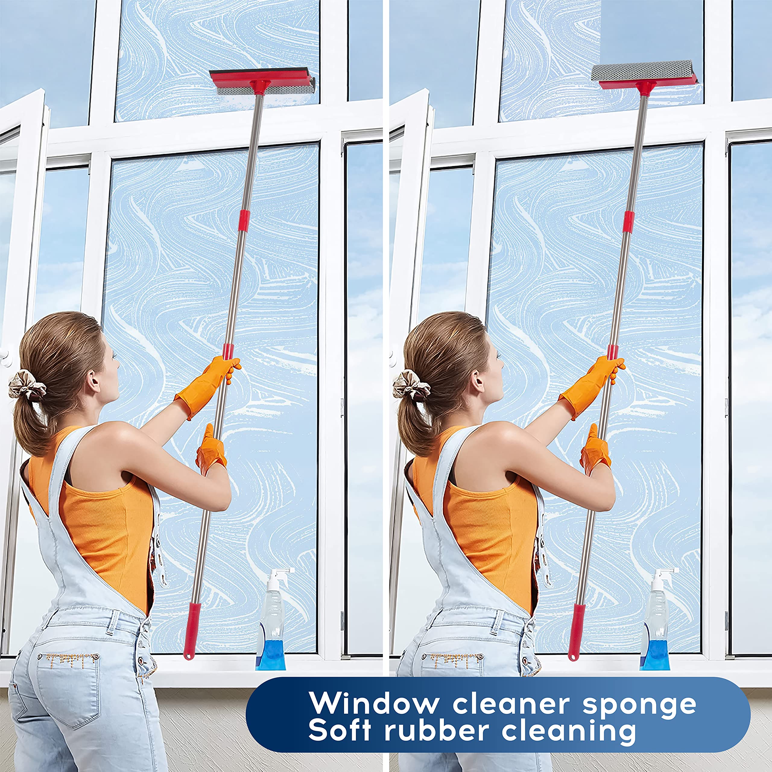 Window Squeegee, 2-in-1 Window Cleaner with 55" Extension Poles, Window Washing Kit, Glass Door Cleaner, Multi-Use Car Windshield Cleaning Tool with Long Handle for High Outdoor Indoor Windows