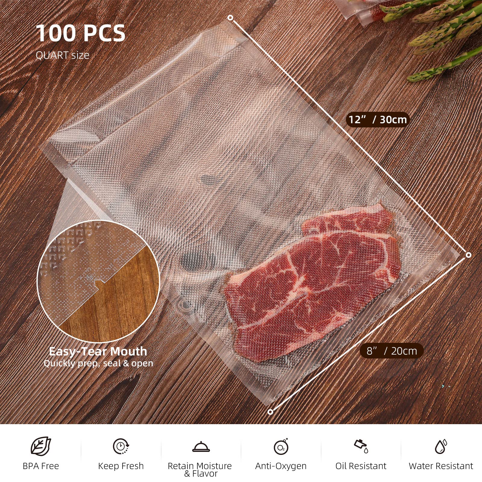 Vacuum Sealer Bags 100 Quart 8" x 12" Food Saver Vacuum Sealer Bags Sous Vide Bags Vacuum Seal BPA Free, Commercial Grade Food Vacuum Sealer Bag Perfect for Vac Storage/Meal Prep/Sous Vide