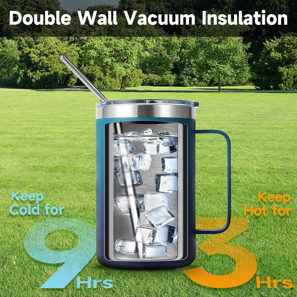 Volhoply 16oz Insulated Stainless Steel Coffee Mugs with Leakproof Lid Bulk 2 Pack,Double Wall Vacuum Travel Coffee Cup with Handle,Reusable Metal Tumbler,Camping Mug Keep Hot&Cold(Mixed,2)