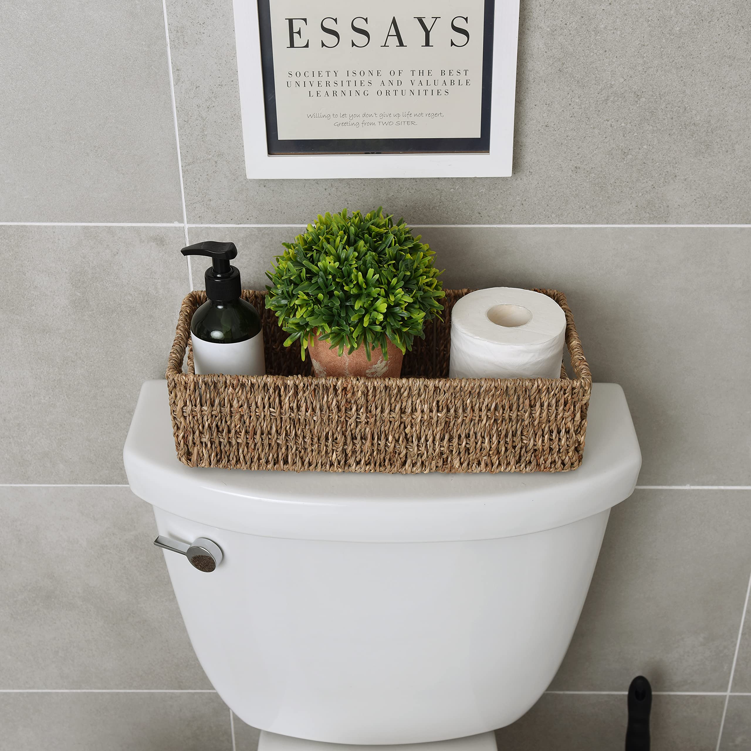 StorageWorks Seagrass Baskets with Built-in Handles, Bathroom Decor Box for Toilet Tank Top, 14"L x 6 "W x 3"H